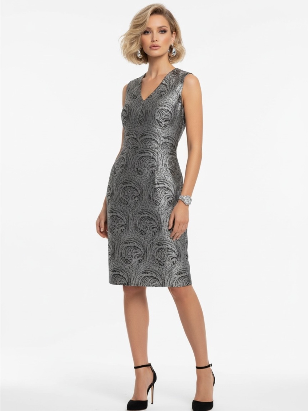 Kasper Silver Metallic Jacquard V-Neck Sheath Dress